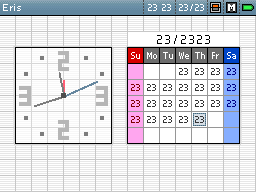 the ninentedo ds top screen, with a clock and a calander where every number has been changed to 23.